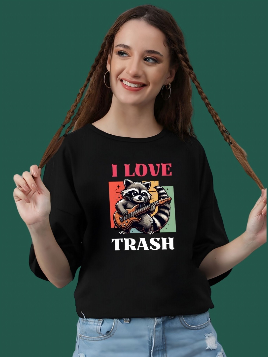 

DressBerry Women Graphic Printed Round Neck Cotton Oversized T-shirt, Black