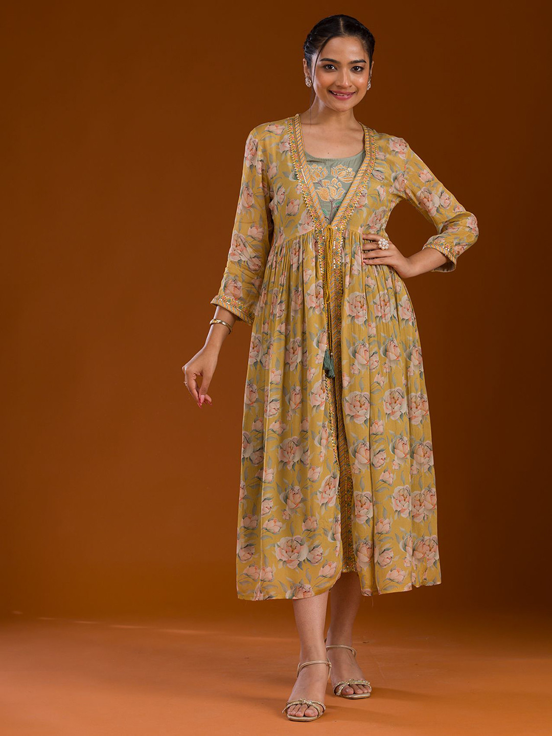 

Koskii Round Neck Fit and Flare Ethnic Dress, Mustard
