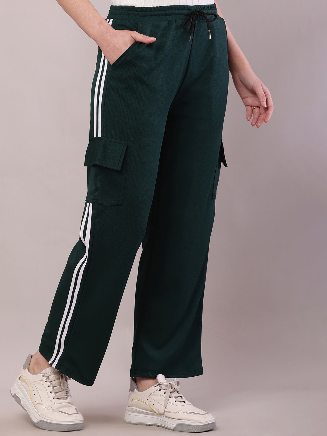 

Bright Nex Women Striped Relaxed Loose Fit Cargos Trousers, Green