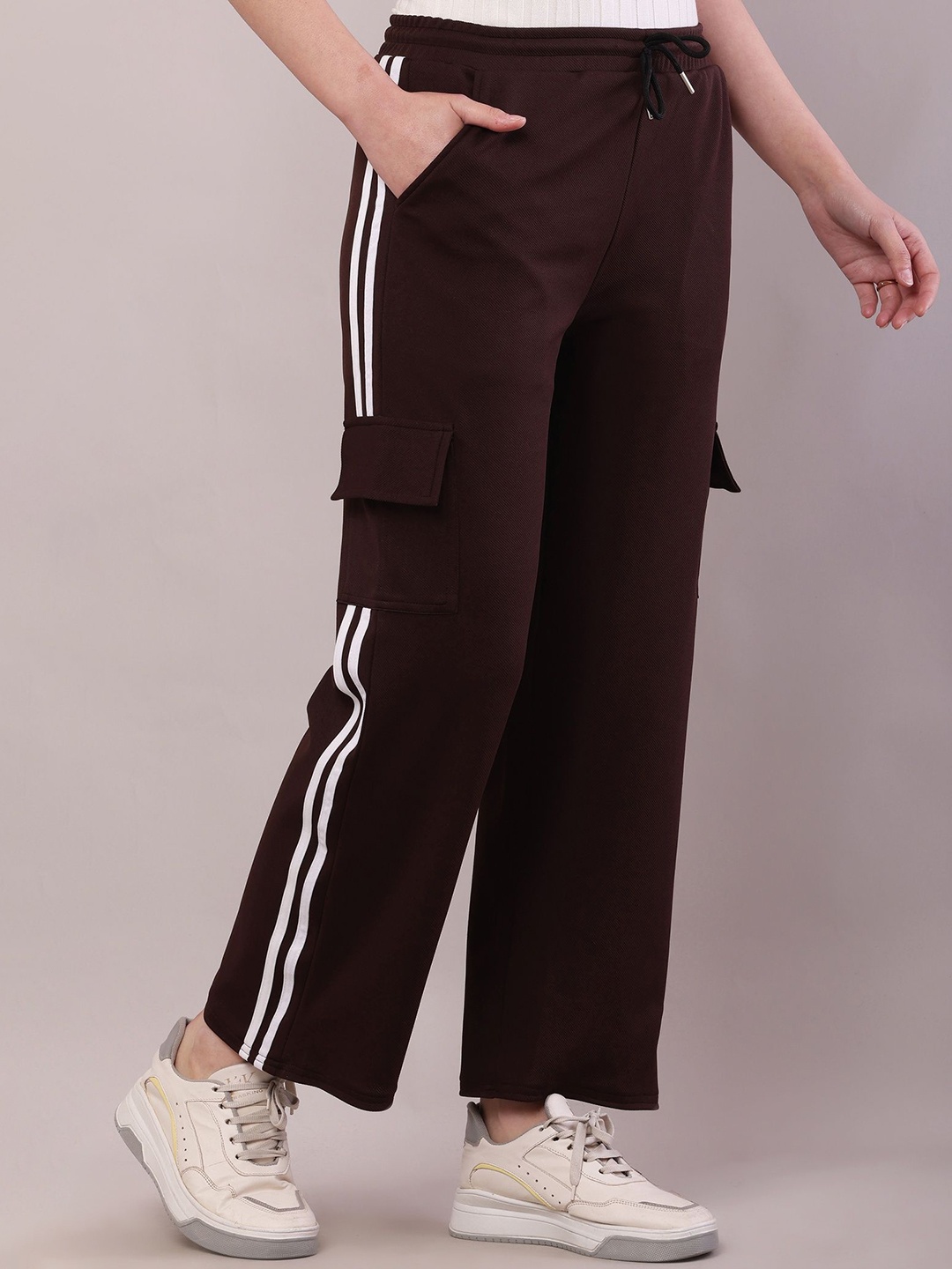 

BAESD Women Relaxed Striped Loose Fit Cargos Trousers, Maroon