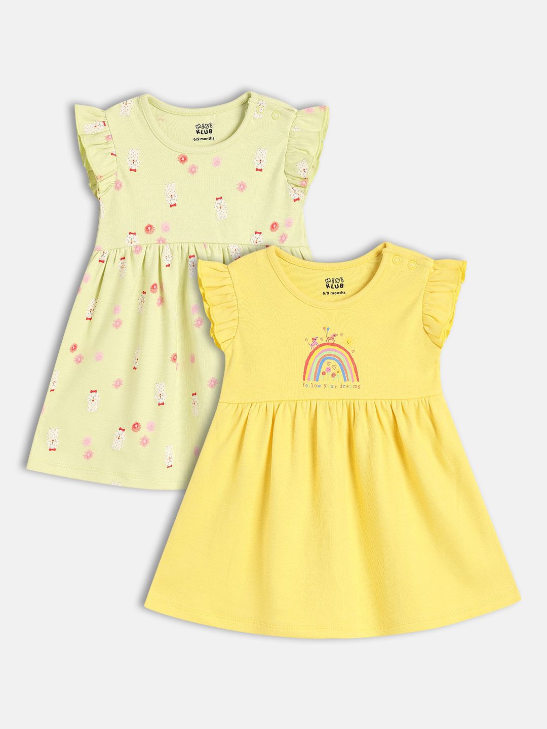 

MINI KLUB Girls Pack Of 2 Cotton Printed Flutter Sleeve Fit and Flare Dress, Yellow
