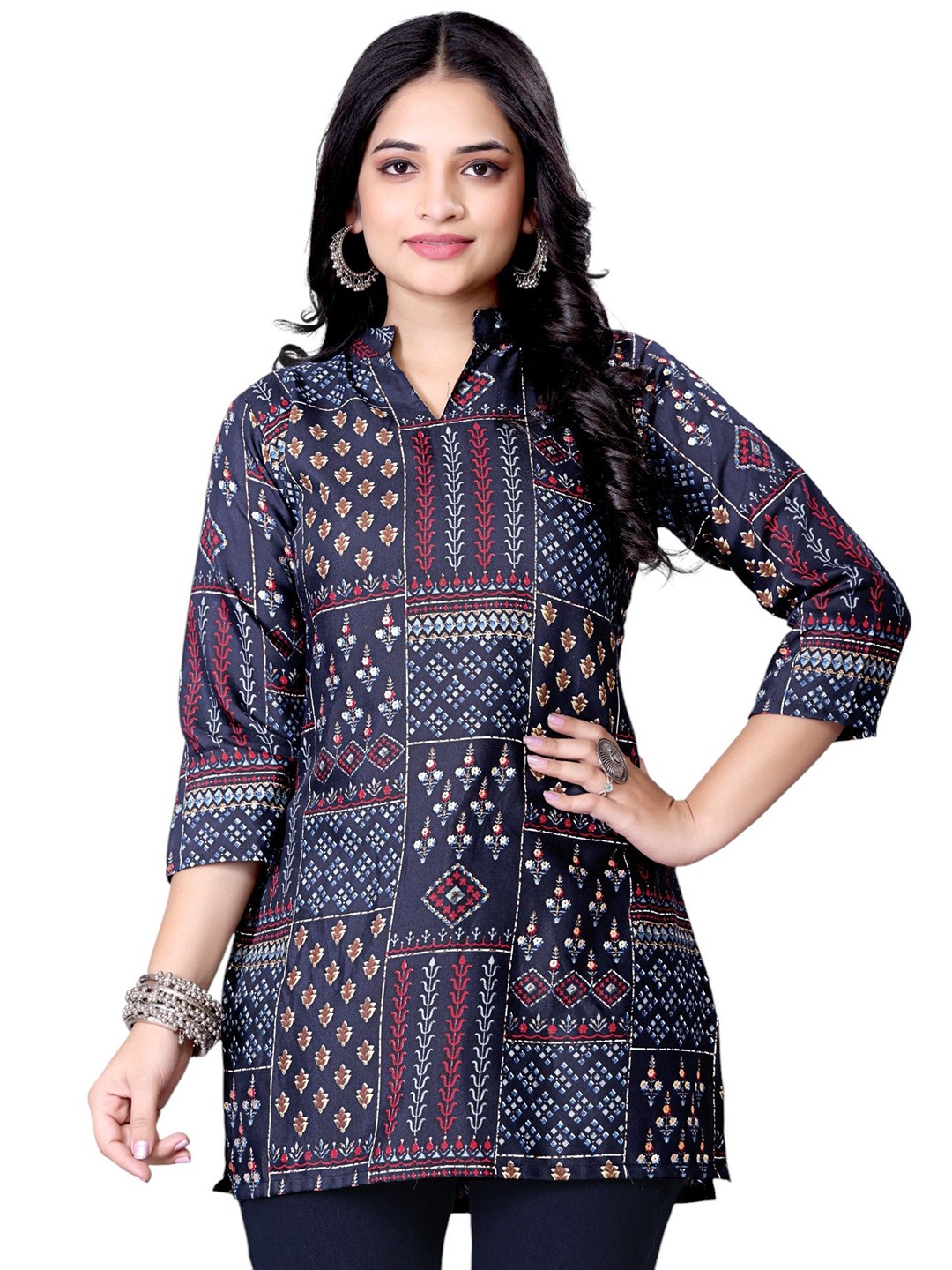 

SPECKLESS Ethnic Motifs Printed Mandarin Collar Kurti, Navy blue