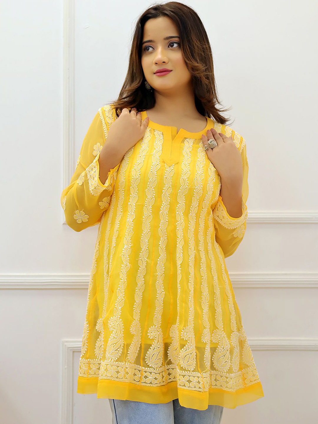 

The Chikan Label Ethnic Motifs Embroidered Chikankari Anarkali Georgette Kurta, Yellow