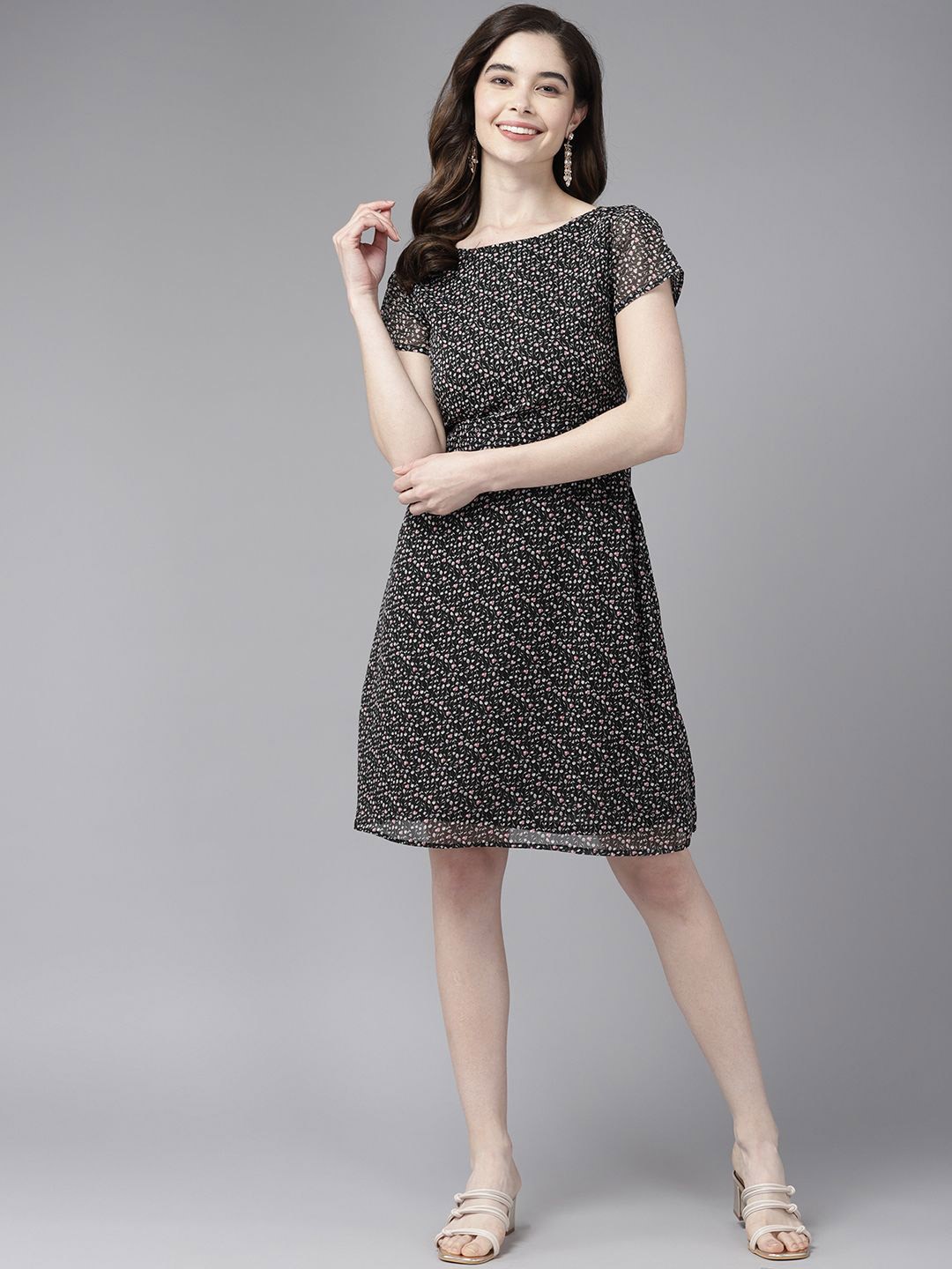 

CORSICA Floral Print Georgette A-Line Dress, Black