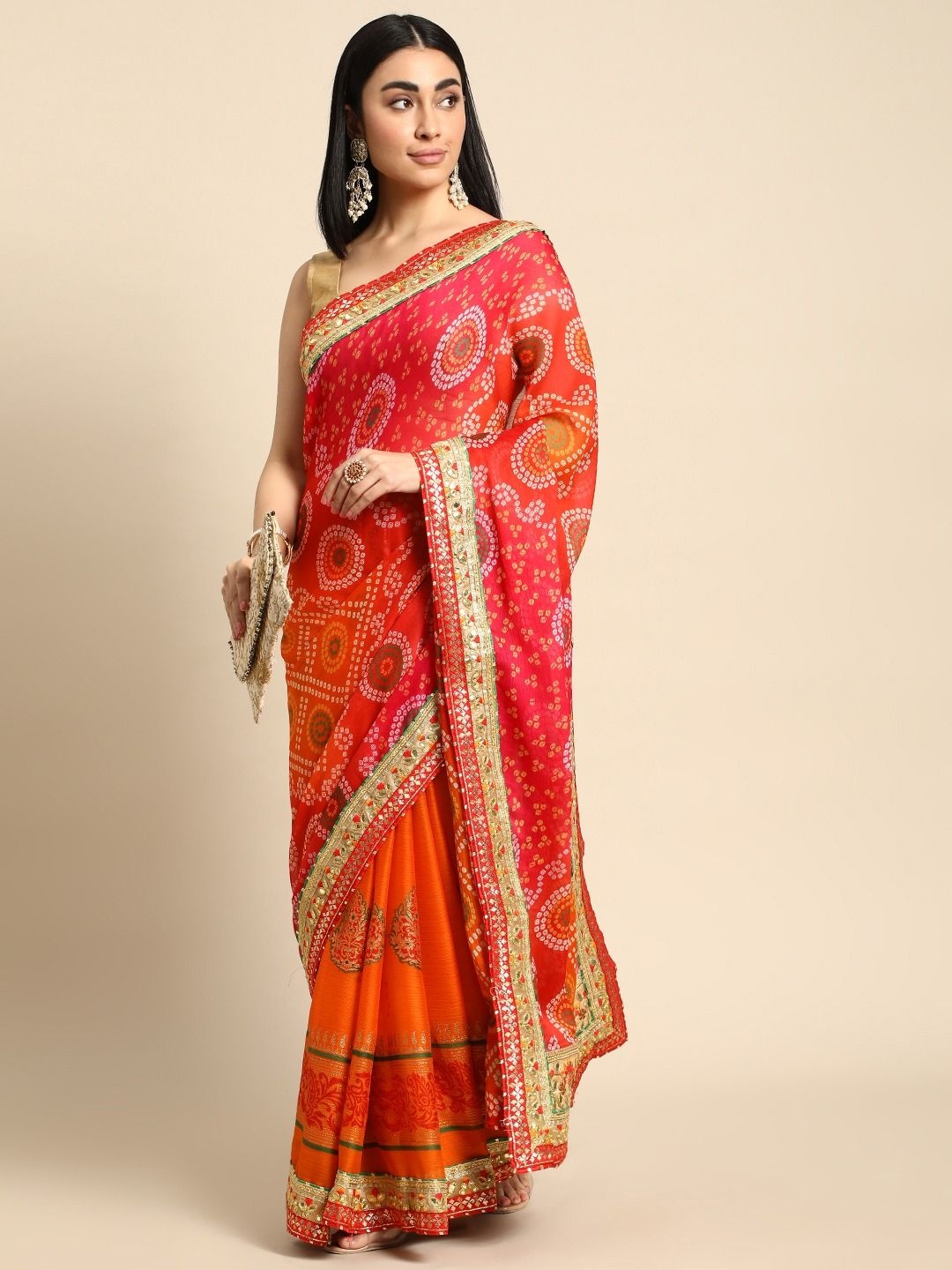 

DIVASTRI Bandhani Printed Gotta Patti Saree, Orange