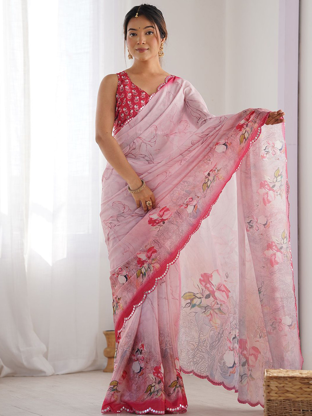 

LeeliPeeri Designer Floral Mirror Work Poly Chiffon Saree, Pink