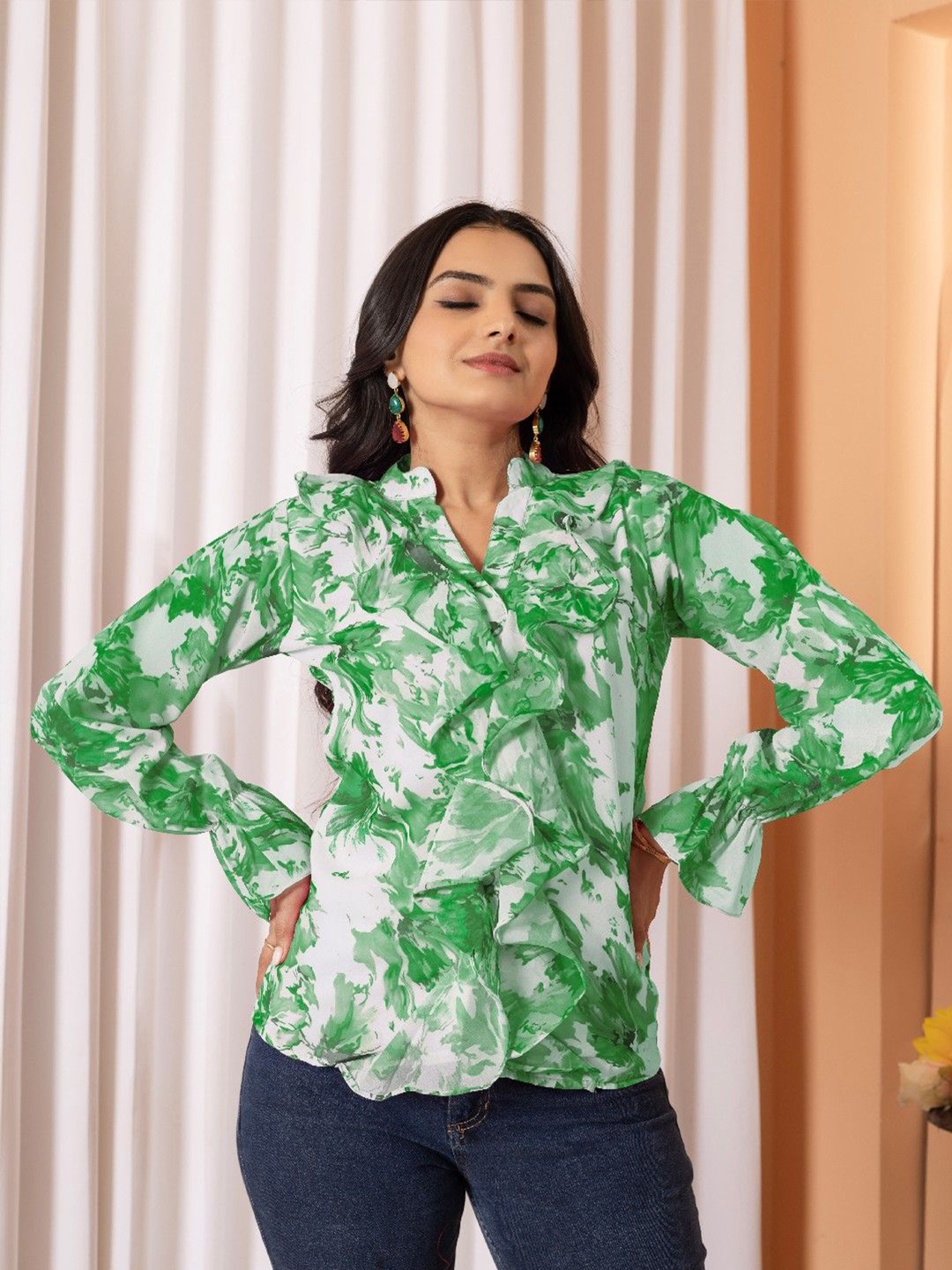 

Tilton Floral Print Mandarin Collar Flared Sleeve Ruffles Georgette Top, Green