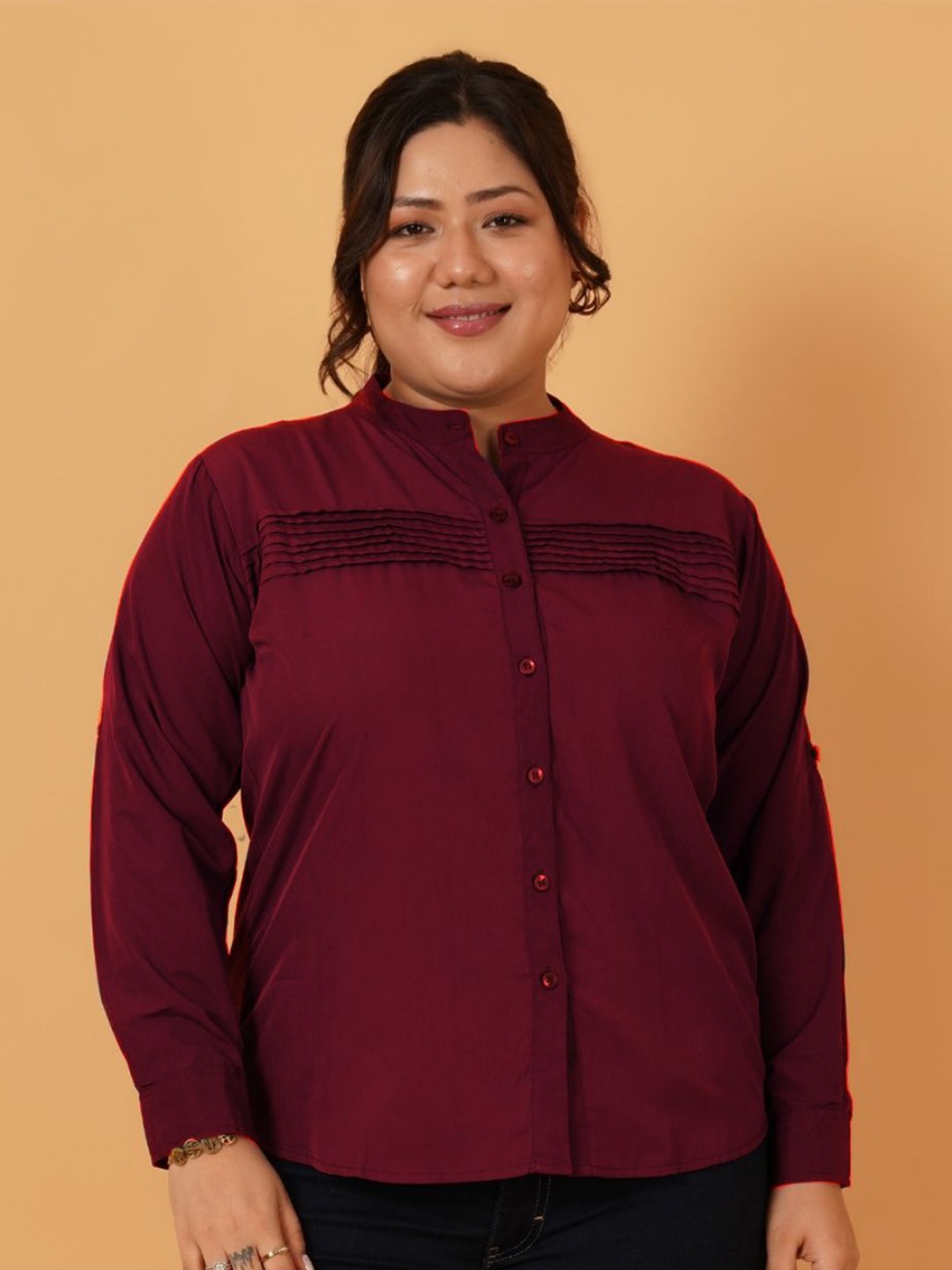 

ANGOORI FASHION Women Straight Fit Band Collar Textured Casual Shirt, Maroon