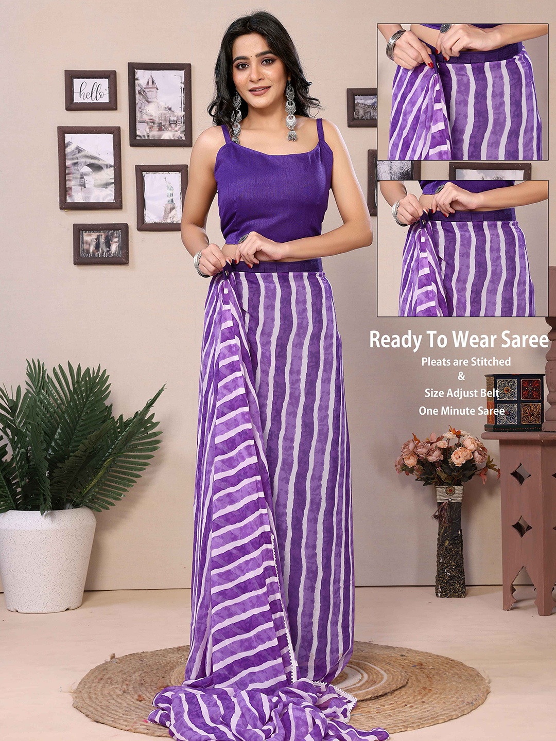 

Rhey Striped Pure Georgette Ready to Wear Saree, Violet