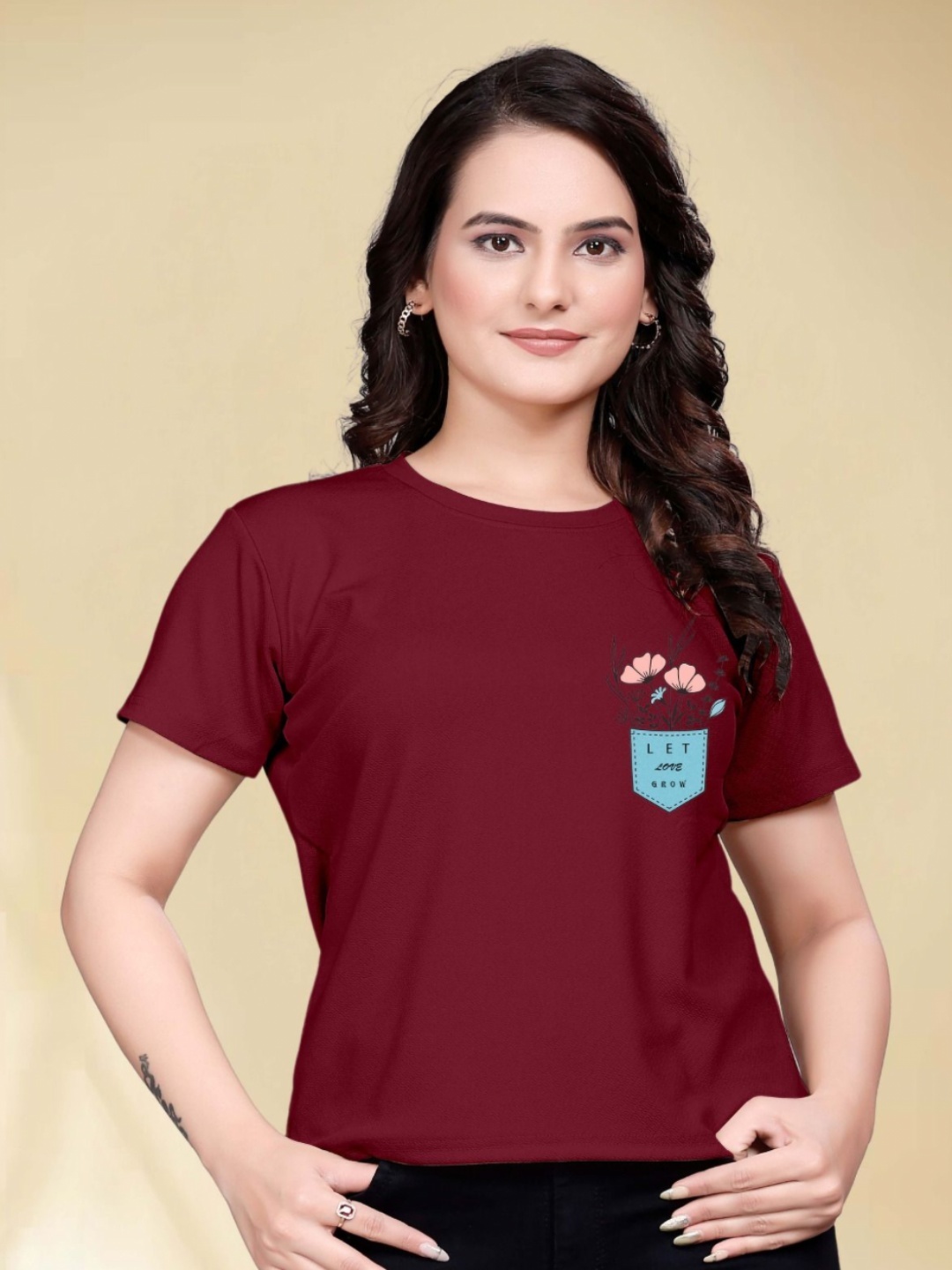 

Moda Rapido Women Printed Round Neck Tshirt, Maroon