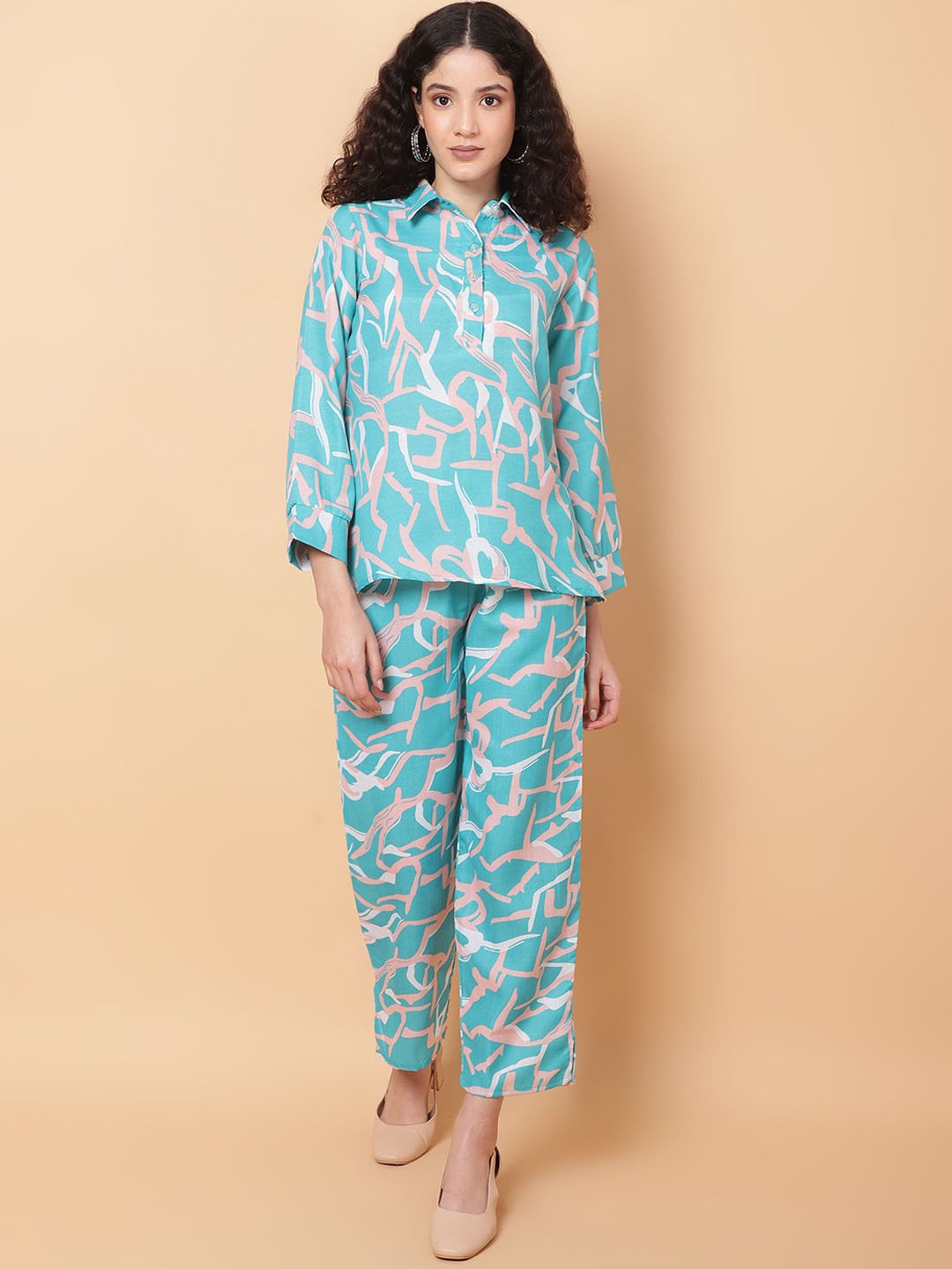 

ROSEMELON abstract Printed Shirt Collar Shirt With Trouser, Blue