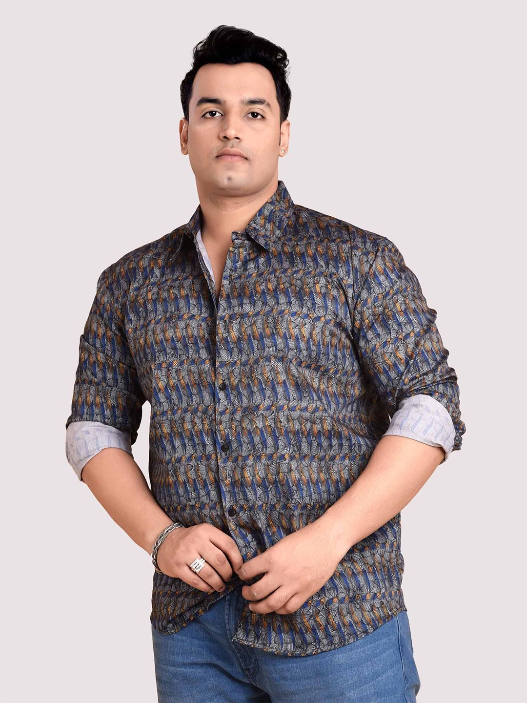 

Guniaa Men Plus Size Classic Fit Spread Collar Floral Printed Cotton Casual Shirt, Grey