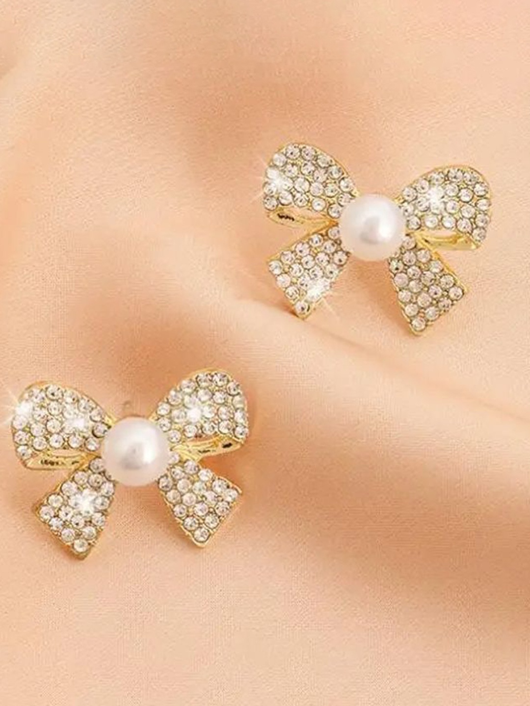 

Celestique Zircon Studded And Pearls Beaded Korean Contemporary Shaped Studs, Gold