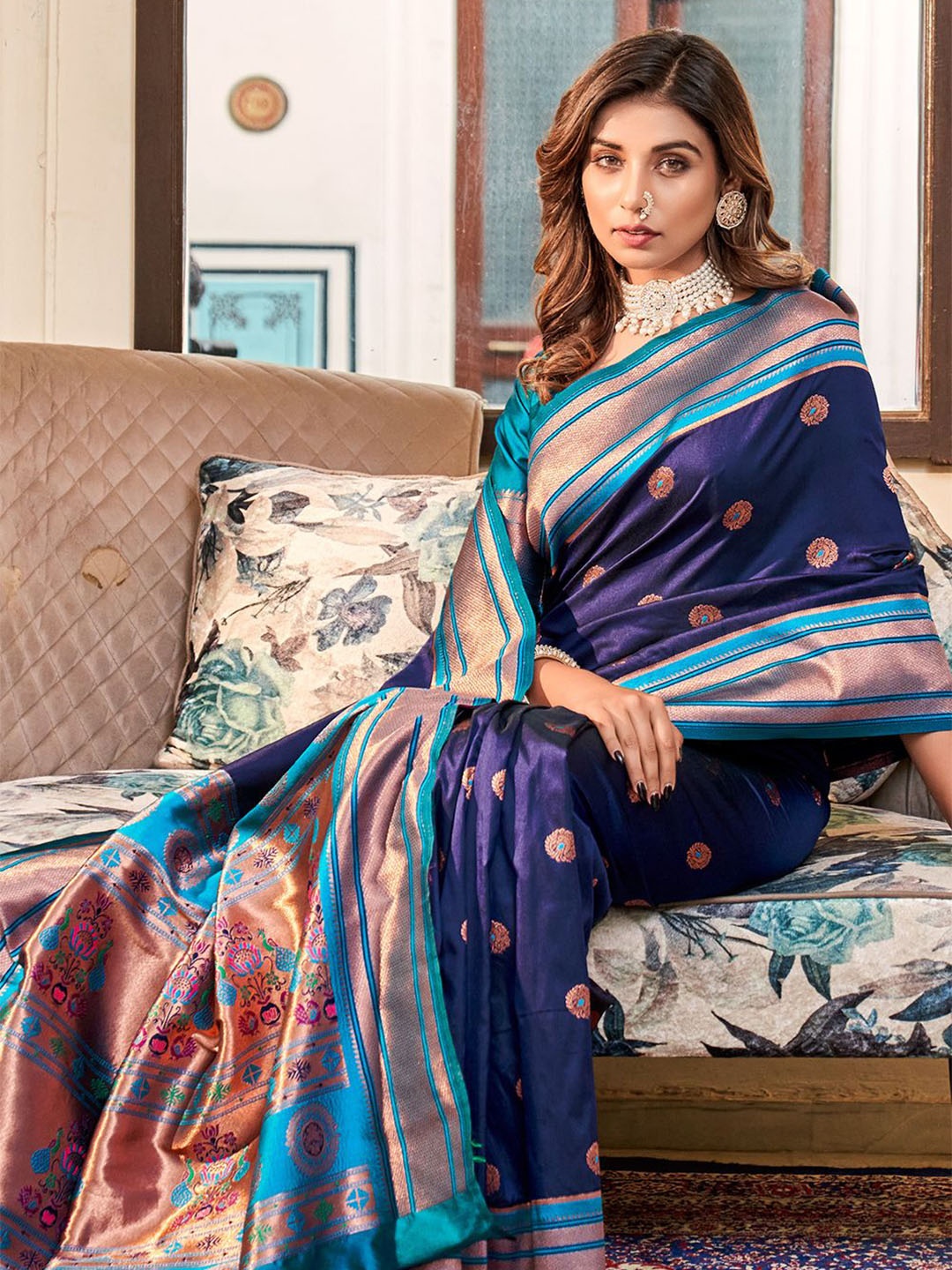 

DEVATITHI Woven Design Zari Blue Soft Paithani Saree