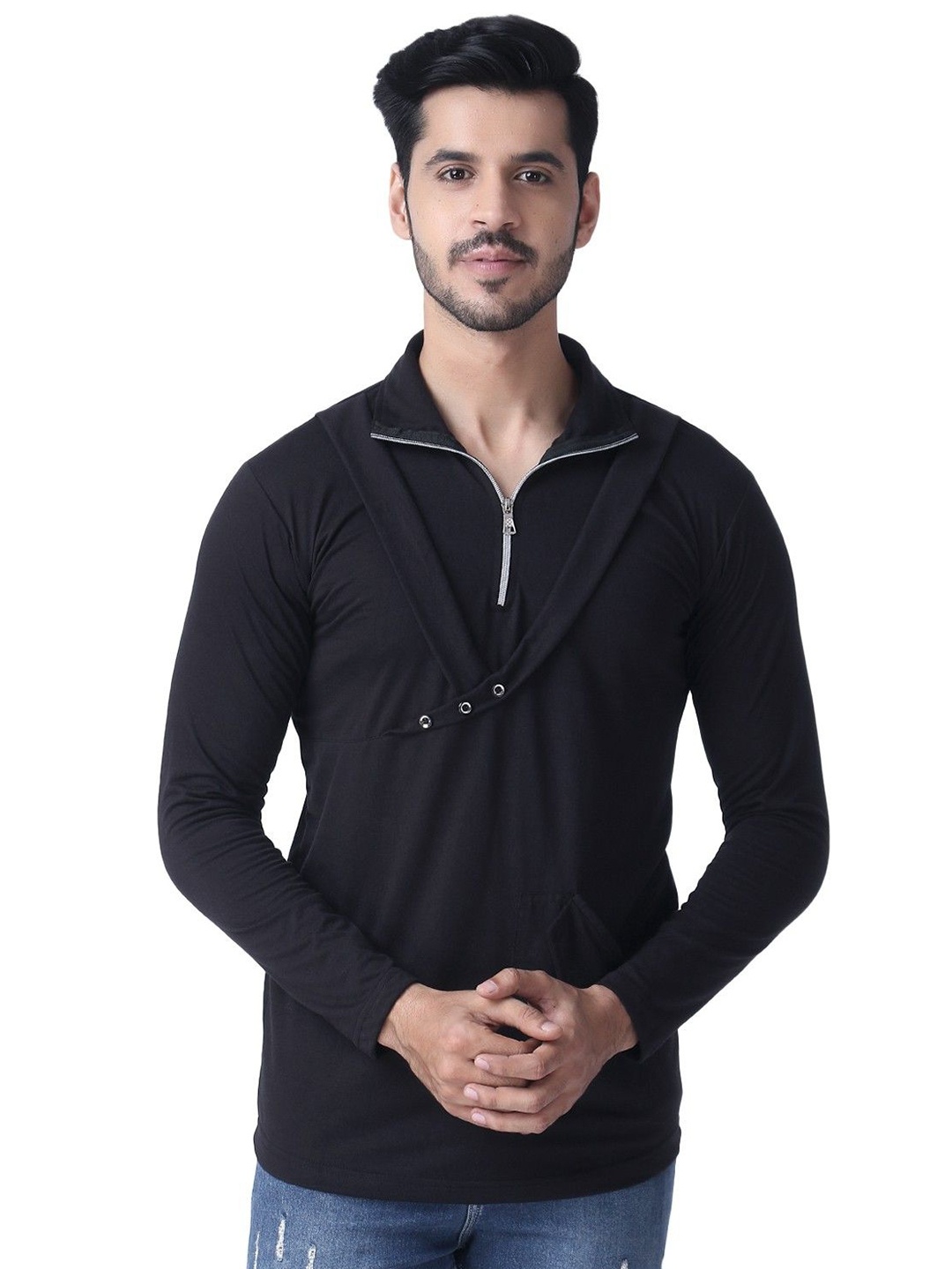 

Black Collection Men Solid High Neck Cotton T-shirt