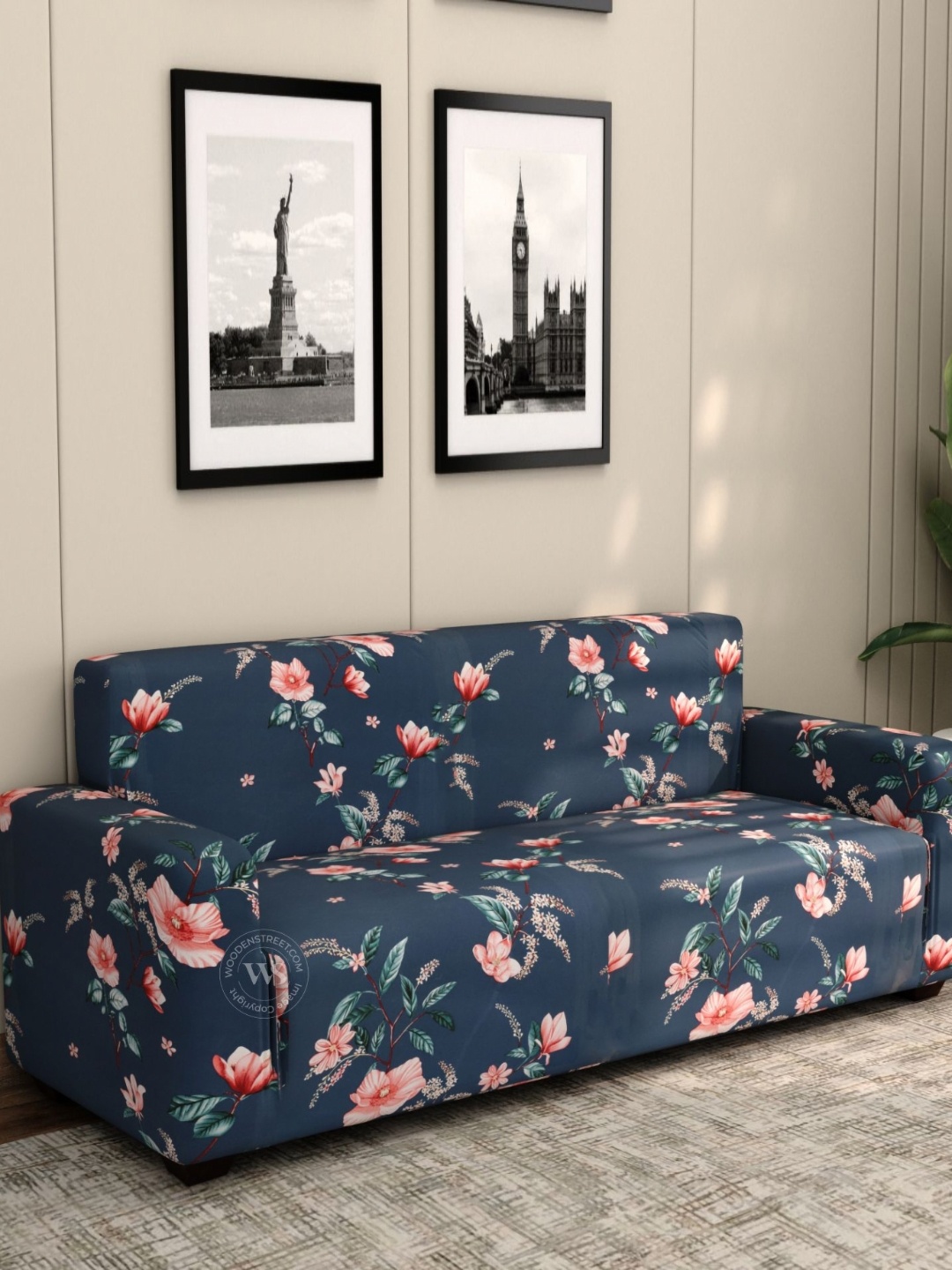 

WOODEN STREET Flaubert Blue & Peach Colored Floral Printed 3 Seater Sofa Cover