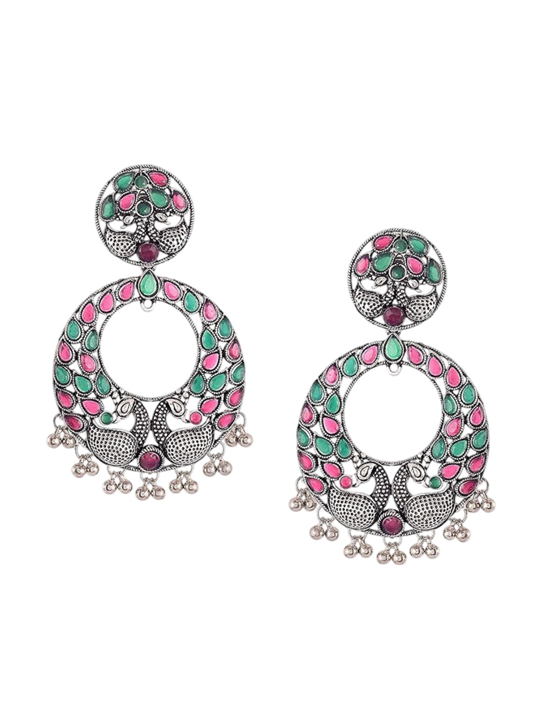 

Kezlin German Silver-Plated Artificial Stones Studded Contemporary Oxidized Jhumkas