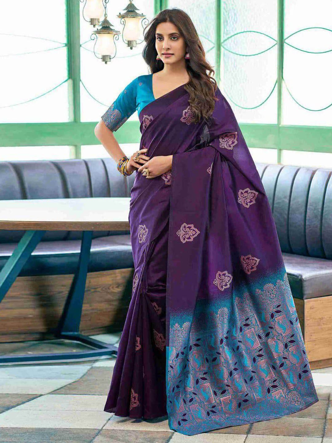 

APNISHA Floral Zari Pure Silk Banarasi Saree, Purple