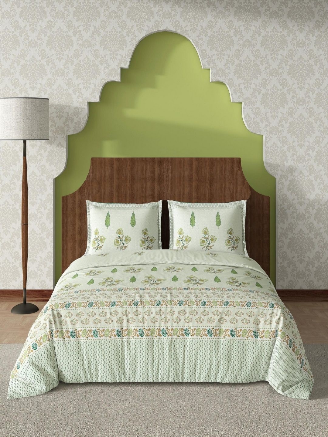 

tundwal's Green & White Printed Pure Cotton 210TC King Bedsheet Sets- 2.74 m x 2.74 m