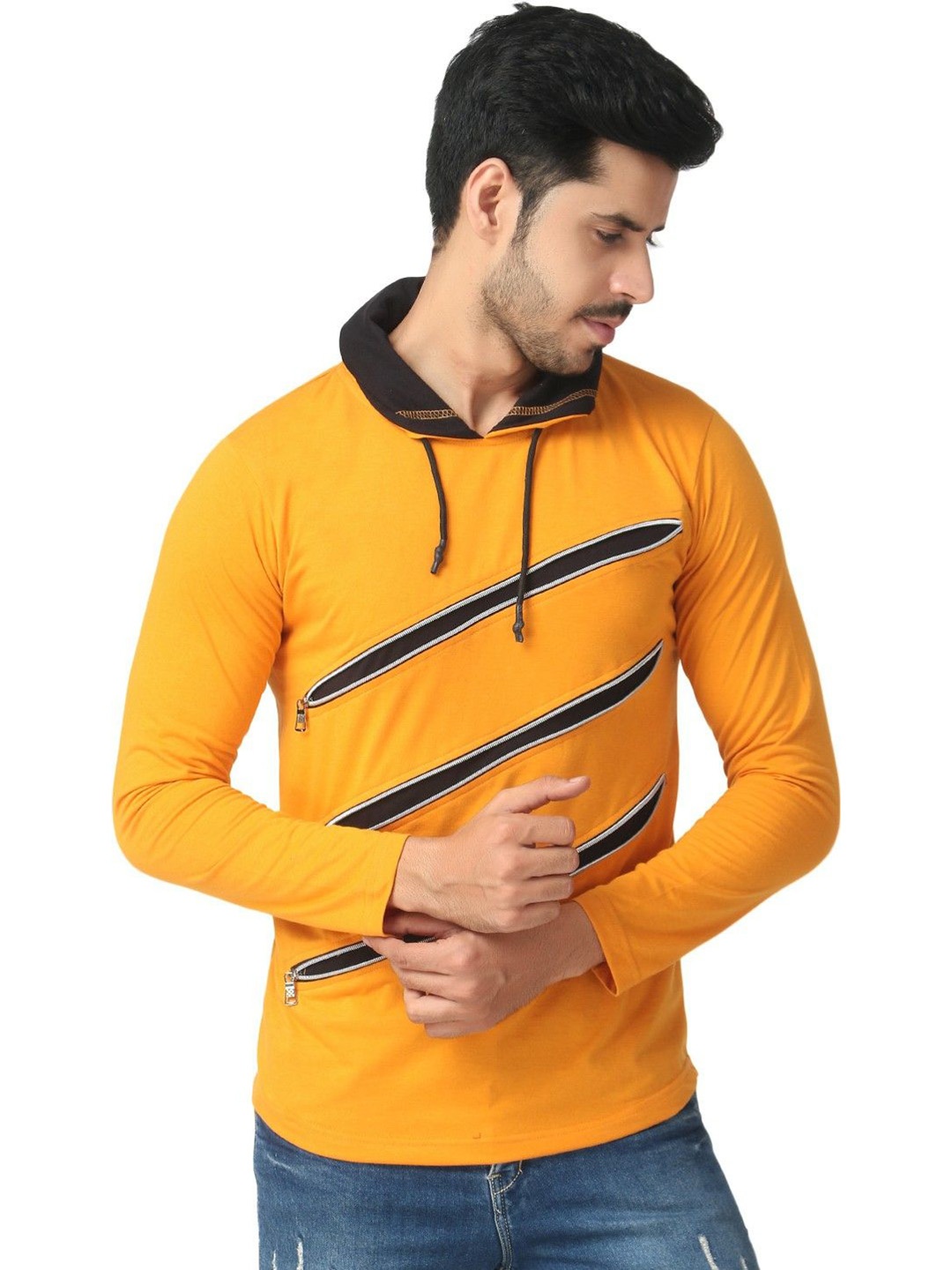 

Black Collection Men Self Design Hood Cotton Slim Fit T-shirt, Mustard