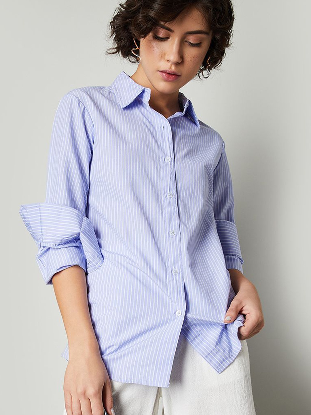 

max Women Relaxed Fit Spread Collar Vertical Striped Cotton Casual Shirt, Lavender