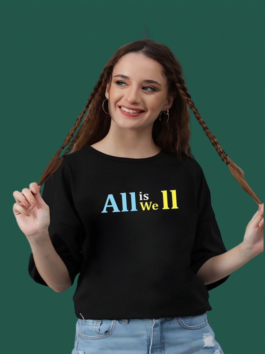 

DressBerry Women Typography Printed Round Neck Cotton Oversized T-shirt, Black