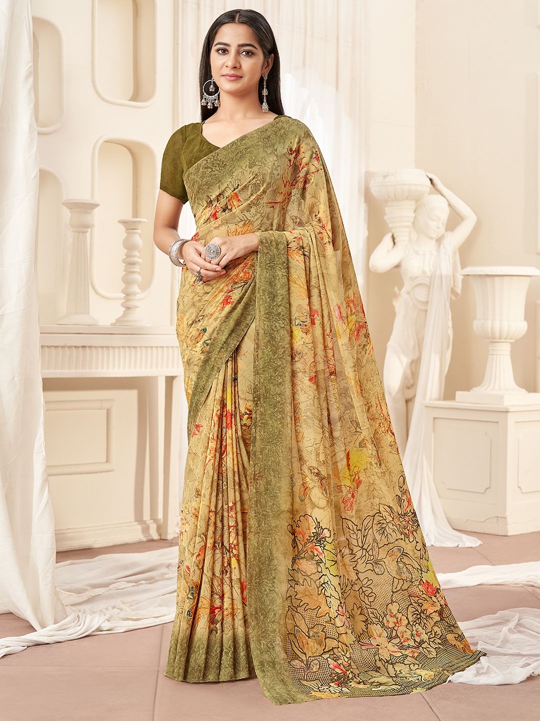 

LeeliPeeri Designer Floral Poly Georgette Saree, Beige