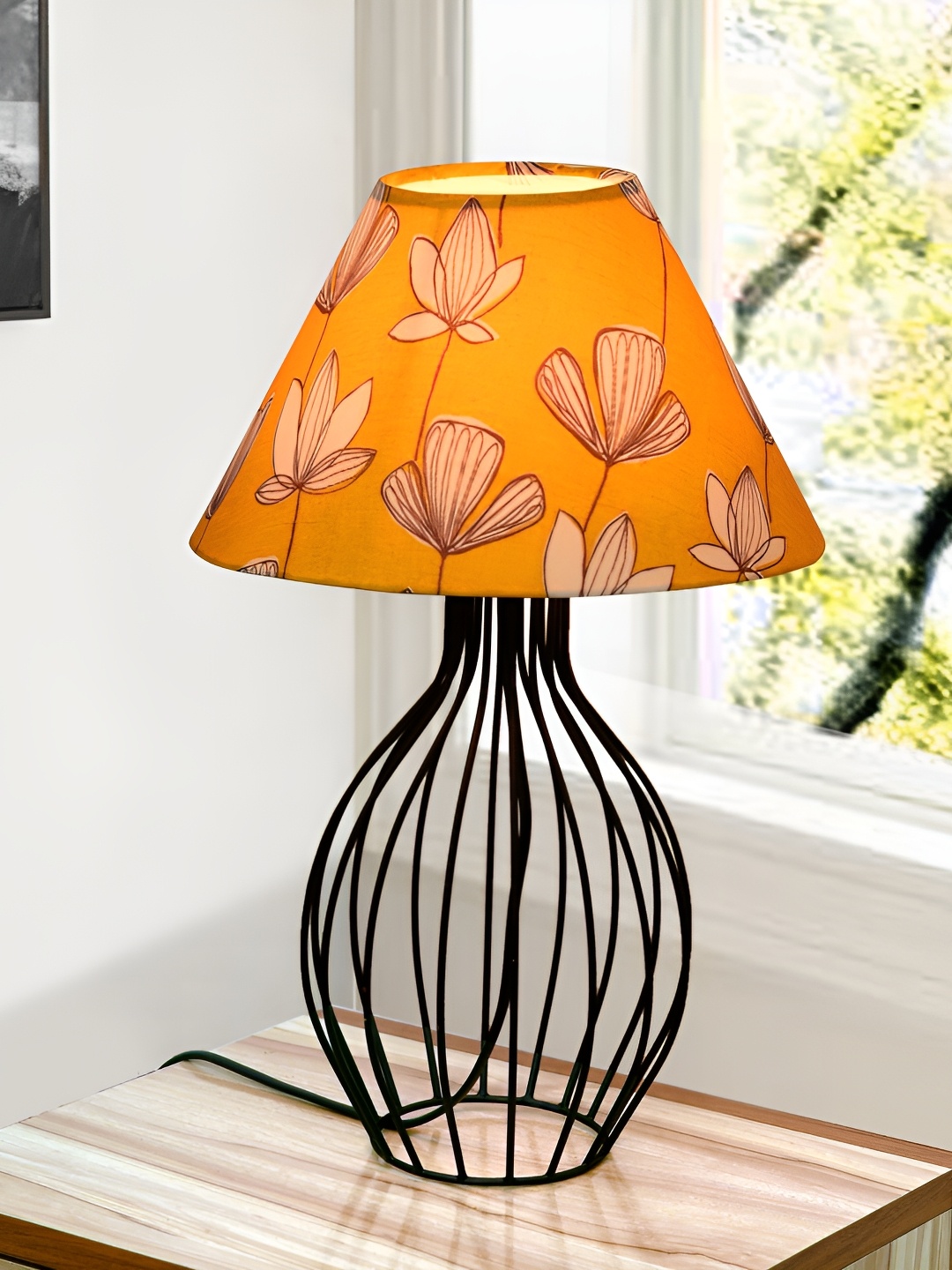 

Homesake Yellow & Black Floral Printed Frustum Shaped Metal Table Lamp