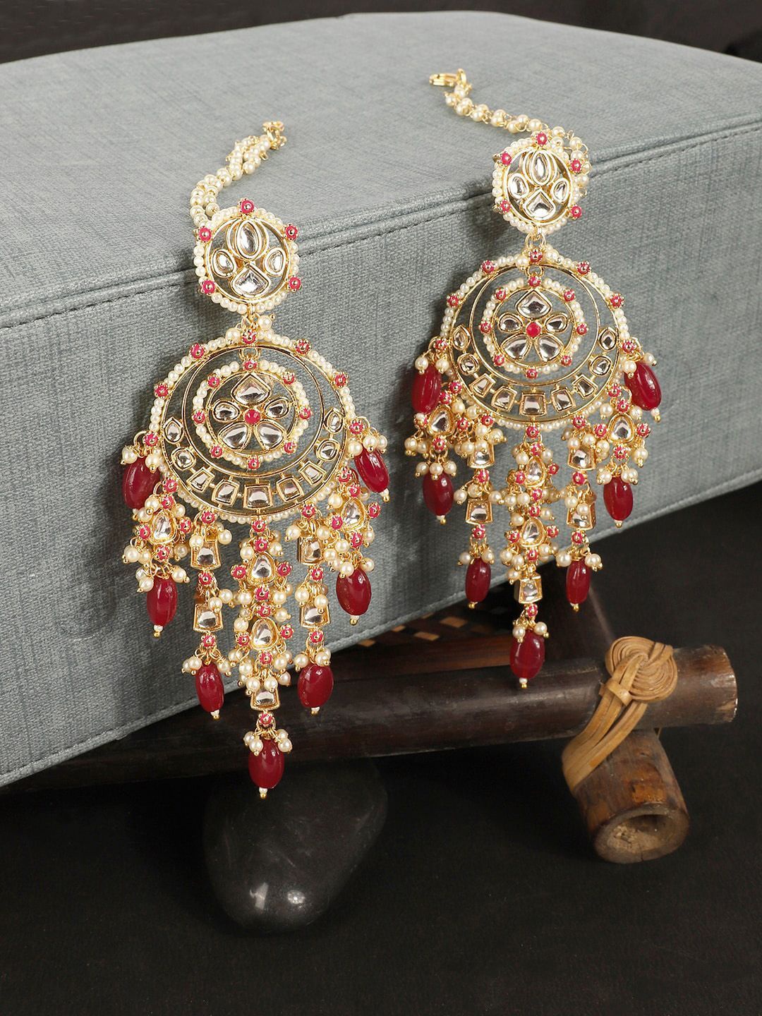 

Anouk Gold-Plated Kundan Studded & Beaded Contemporary Drop Earrings, Red