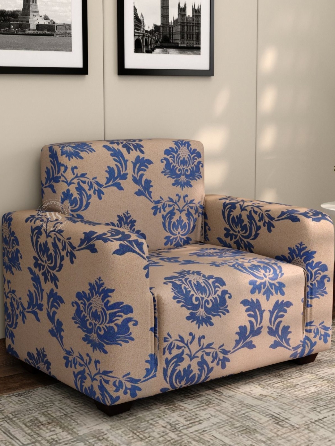

WOODEN STREET Grace Blue & Brown Floral Printed 1 Seater Sofa Cover