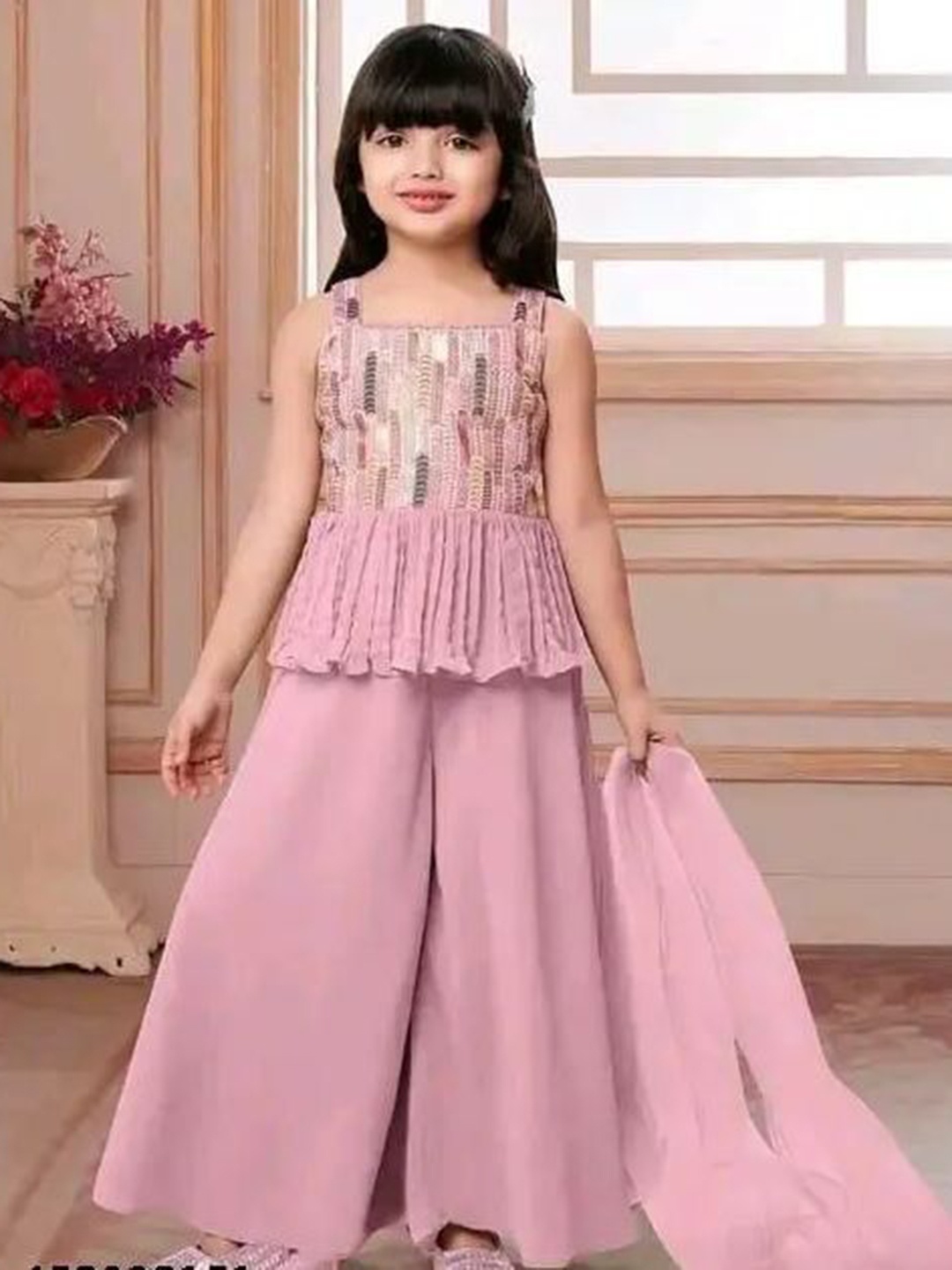 

JEVIK CREATION Girls Embellished Sleeveless Top With Palazzo & Dupatta, Pink