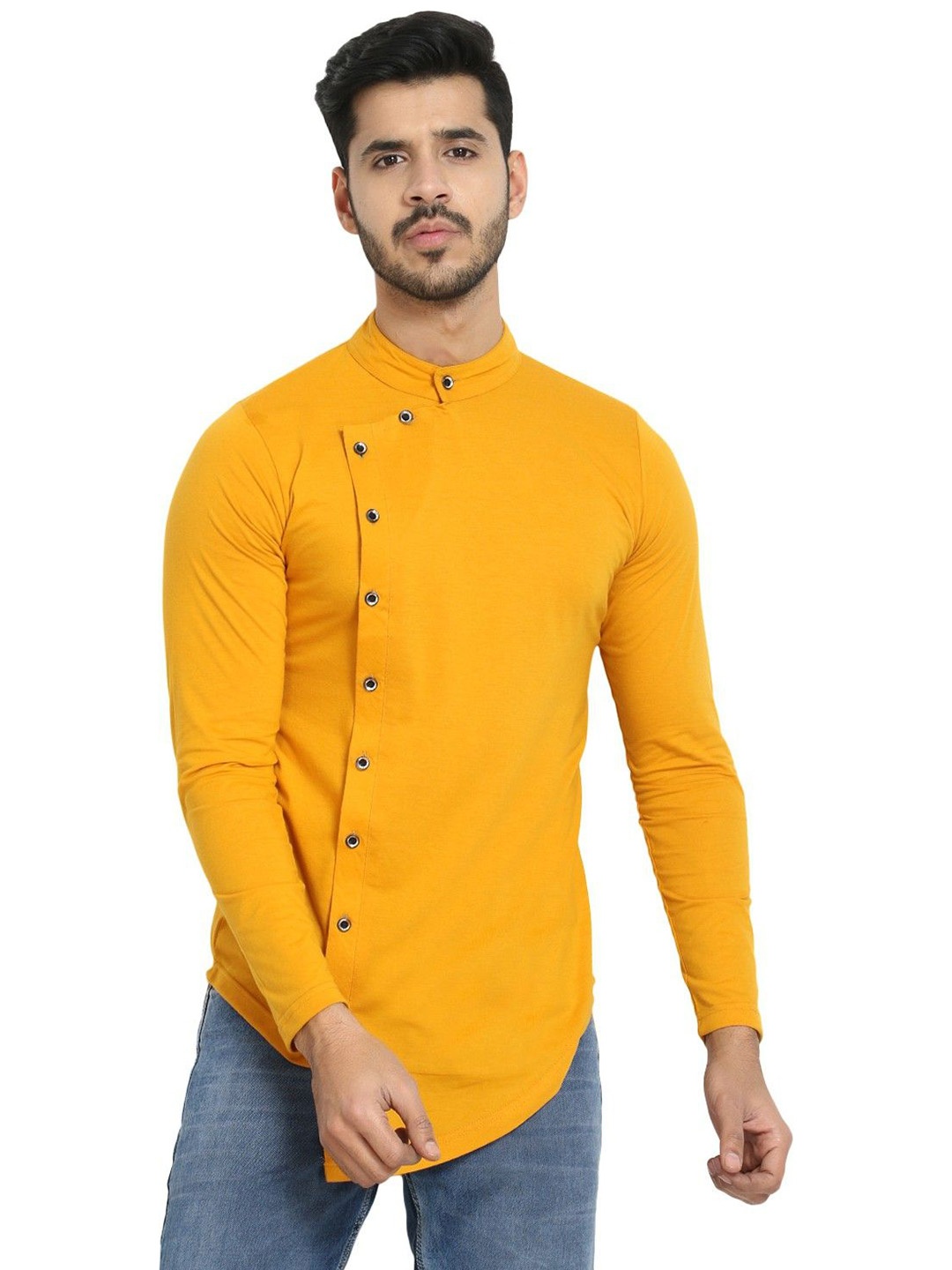 

Black Collection Men Solid Mandarin Collar Cotton T-shirt, Mustard