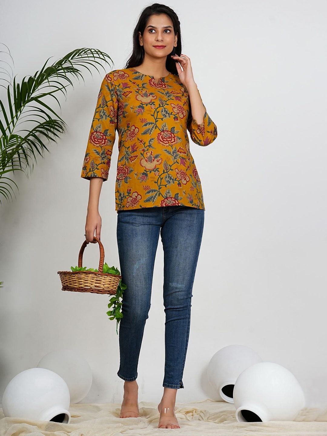 

Vbuyz Floral Print Cotton Regular Top, Mustard