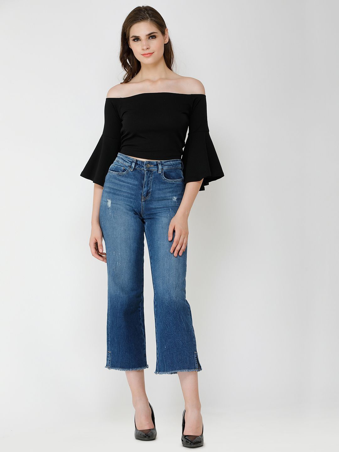 

Moda Rapido Off-Shoulder Flared Sleeve Bardot Crop Top, Black