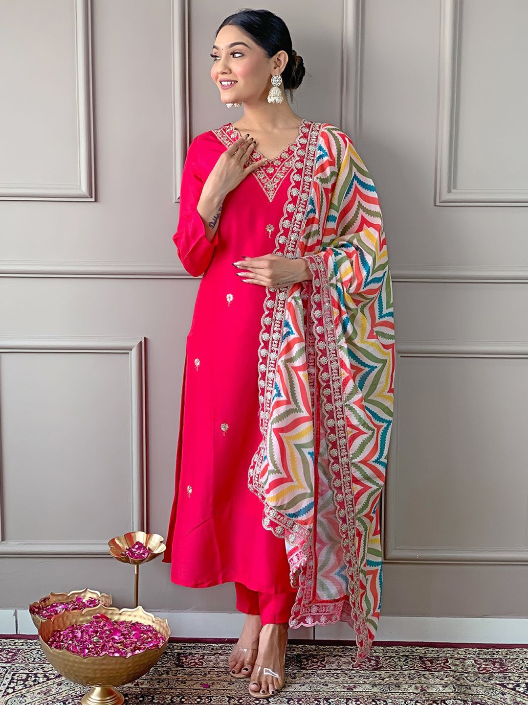 

KALINI Women Ethnic Motifs Embroidered Regular Sequinned Chanderi Silk Kurta with Trousers & With Dupatta, Pink