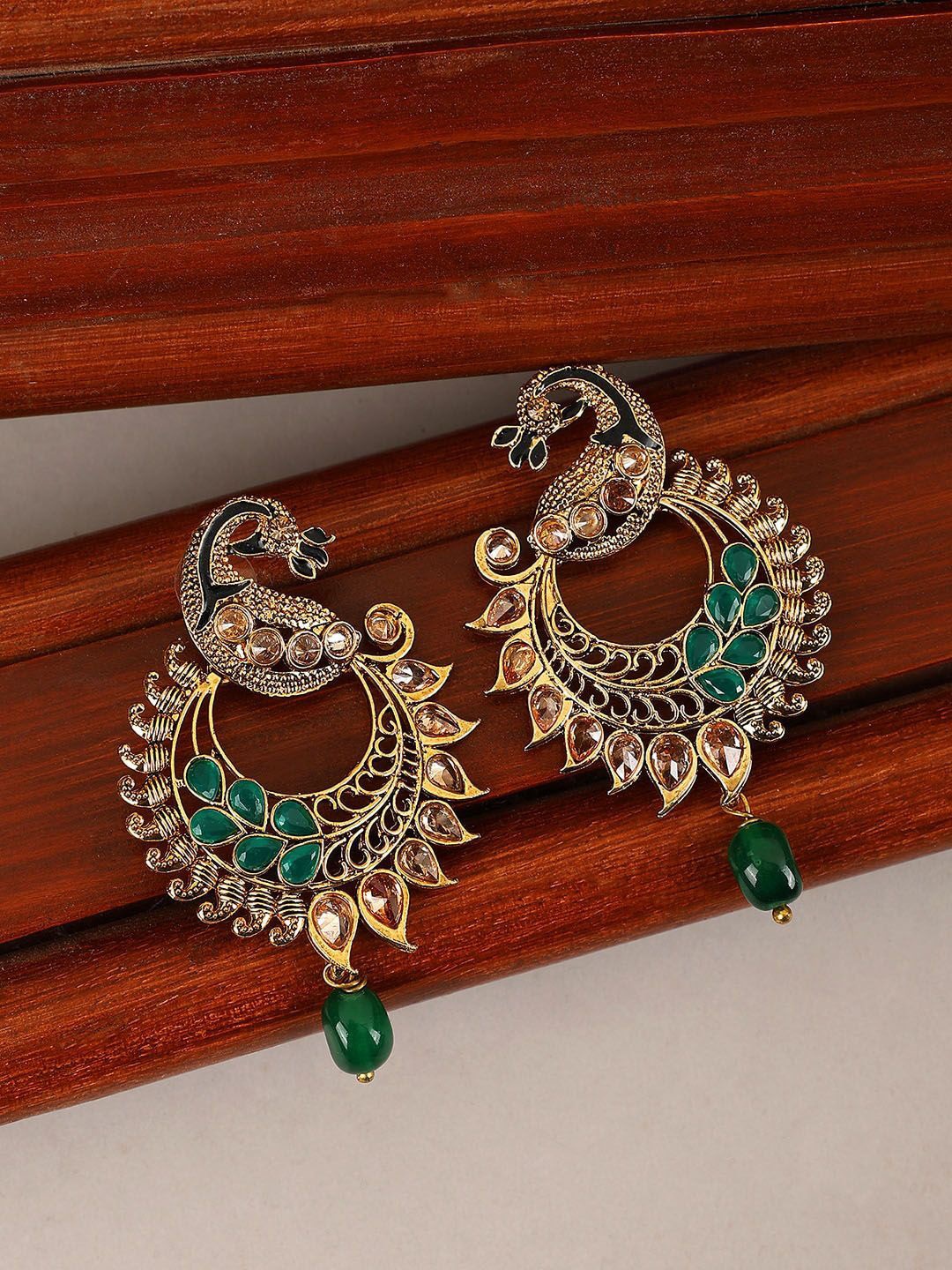 

Anouk Gold-Plated Artificial Stones Studded Peacock Shaped Drop Earrings