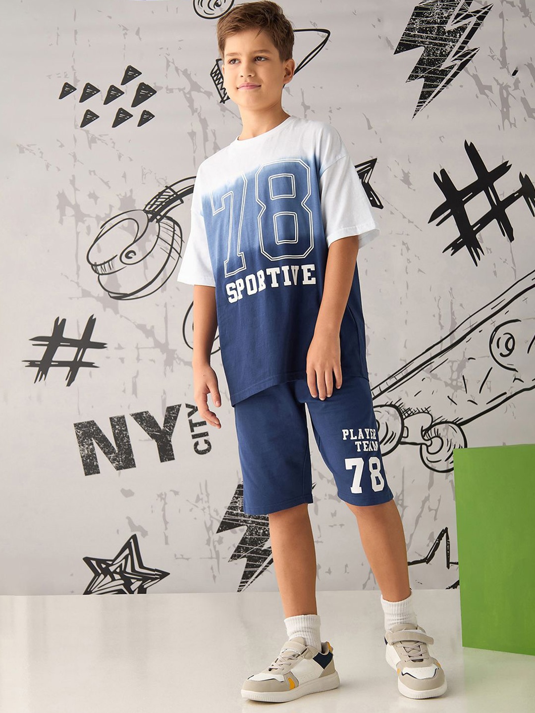 

max Boys Typographic Printed Round Neck Pure Cotton T-Shirt With Shorts, Blue