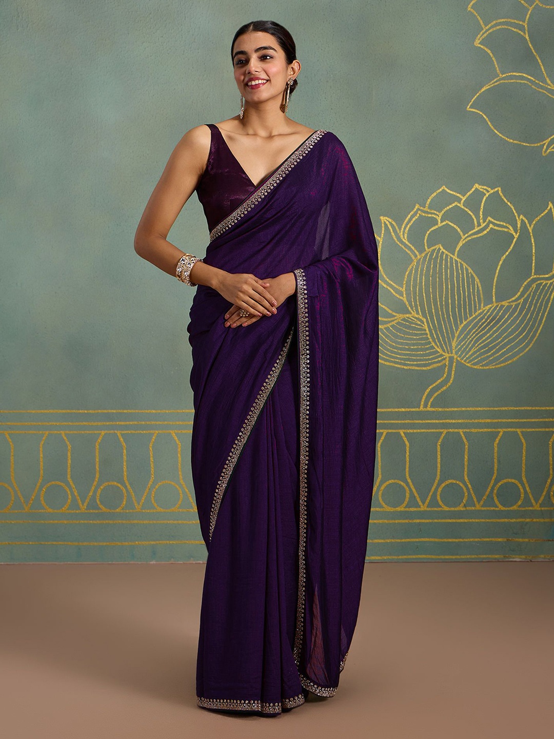 

Mitera Embellished Beads and Stones Art Silk Saree, Purple