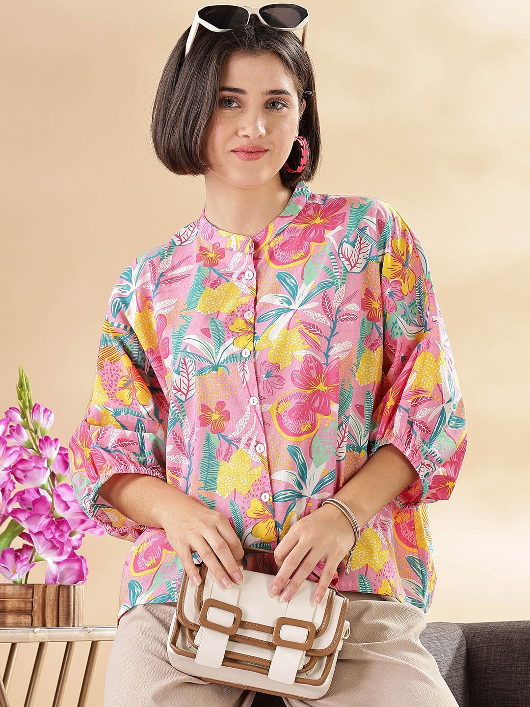 

Anouk Women Floral Printed Mandarin Collar Cotton Top, Pink