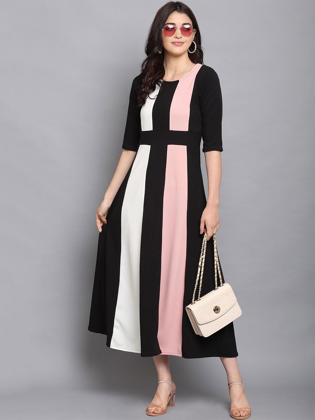 

DressBerry Women Colourblocked Midi Fit and Flare Dress, Peach