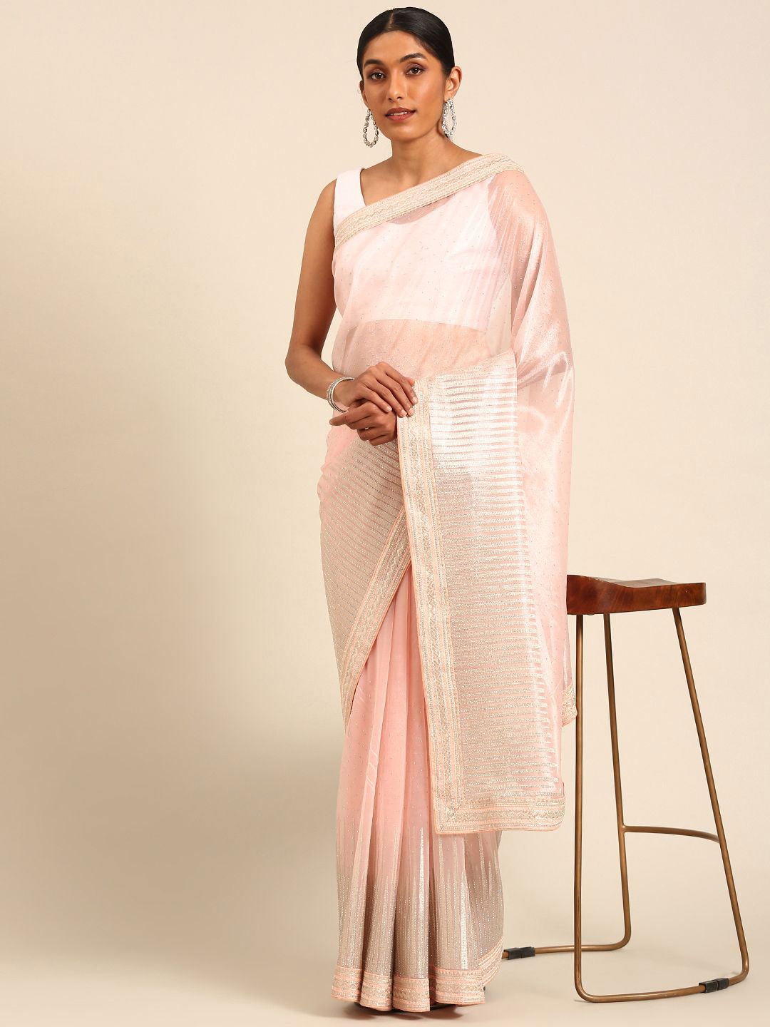 

LeeliPeeri Designer Embellished Beads and Stones Net Saree, Peach