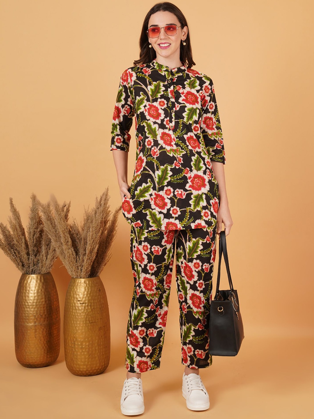

GUDWEARS Floral Printed Mandarin Collar Pure Cotton Tunic With Trousers, Black