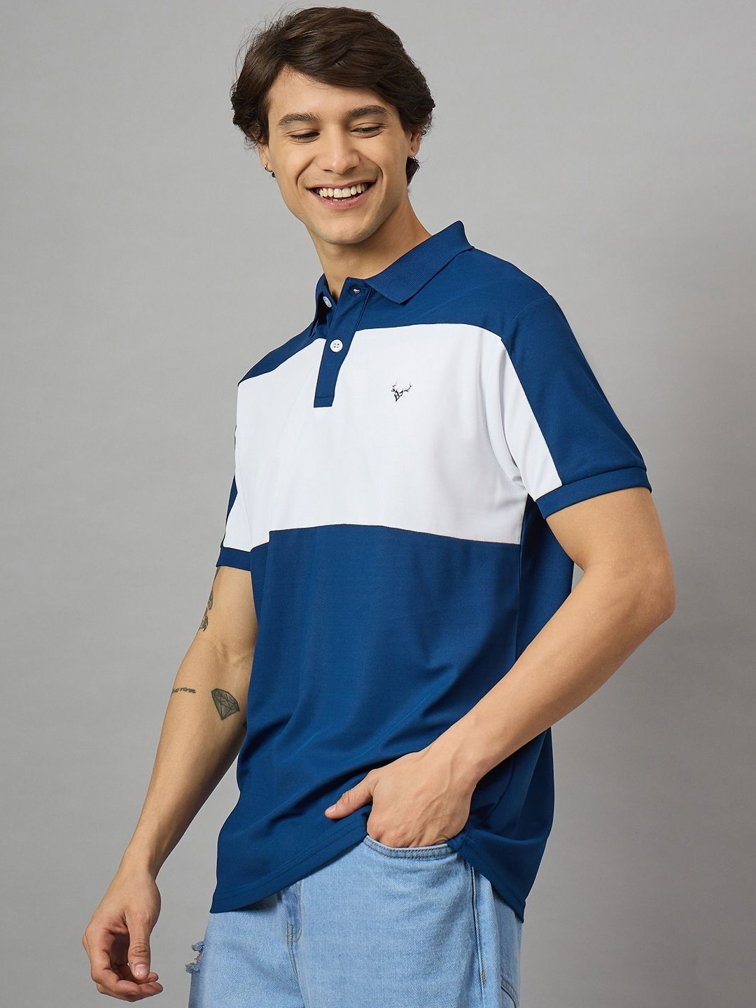 

BRONATION Men Colourblocked Polo Collar Cotton T-shirt, Navy blue