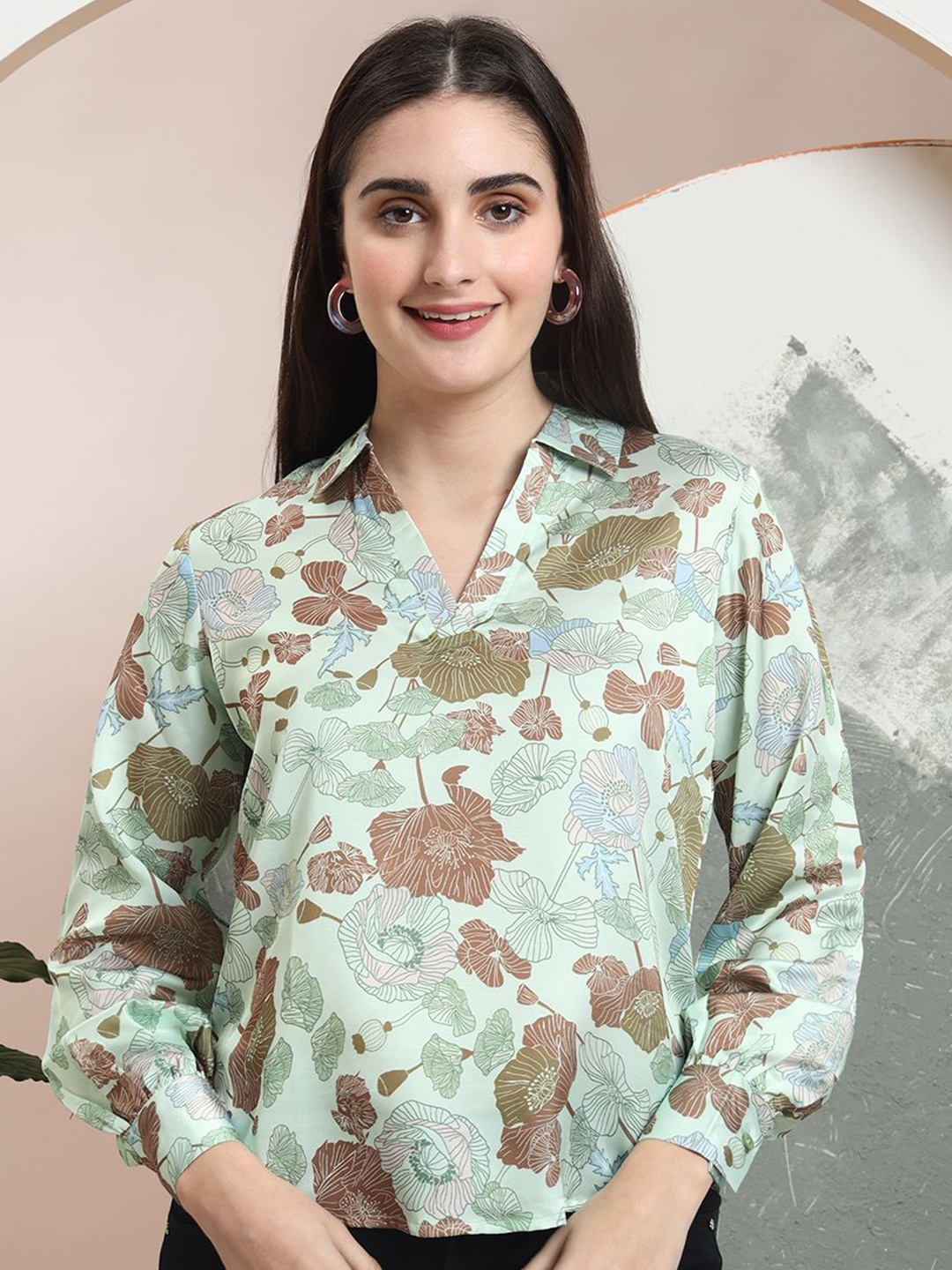 

FITHUB Women Floral Printed Shirt Collar SatinShirt Style Top, Green