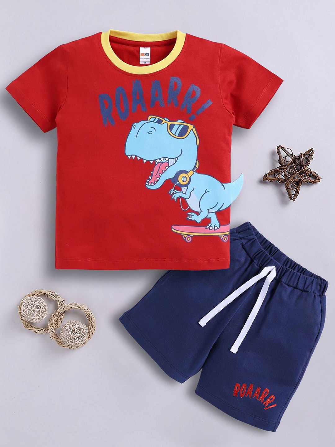 

LITTLE NINJA Boys Printed Round Neck Pure Cotton T-Shirt With Shorts, Red