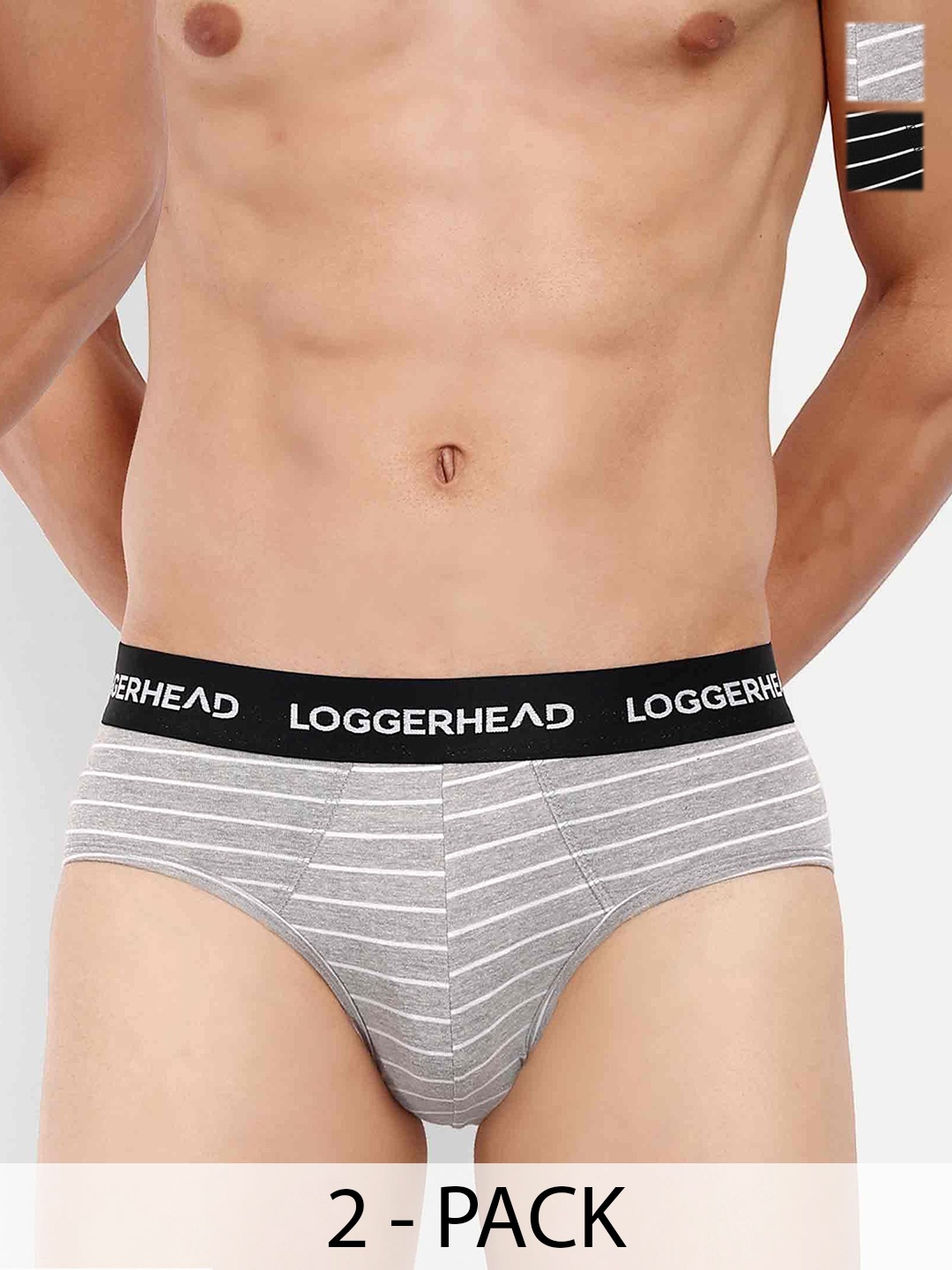 

LOGGERHEAD Pack Of 2 Striped Mid Rise Briefs - LHYB011-BLACK-GREY-BLACK-GREY