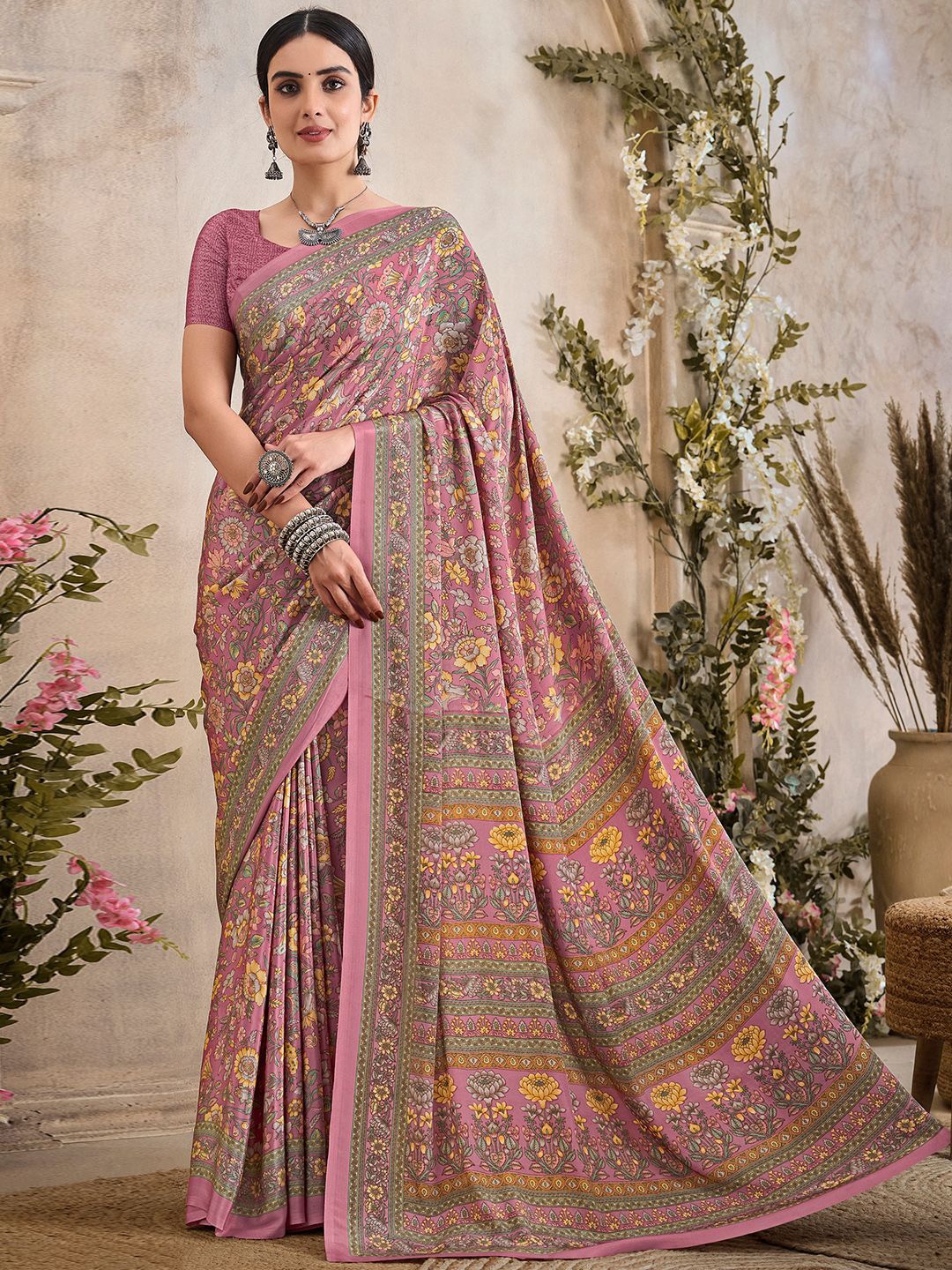 

LeeliPeeri Designer Floral Poly Crepe Saree, Pink