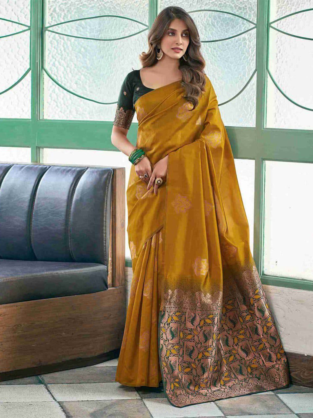 

APNISHA Floral Zari Pure Silk Banarasi Saree, Mustard