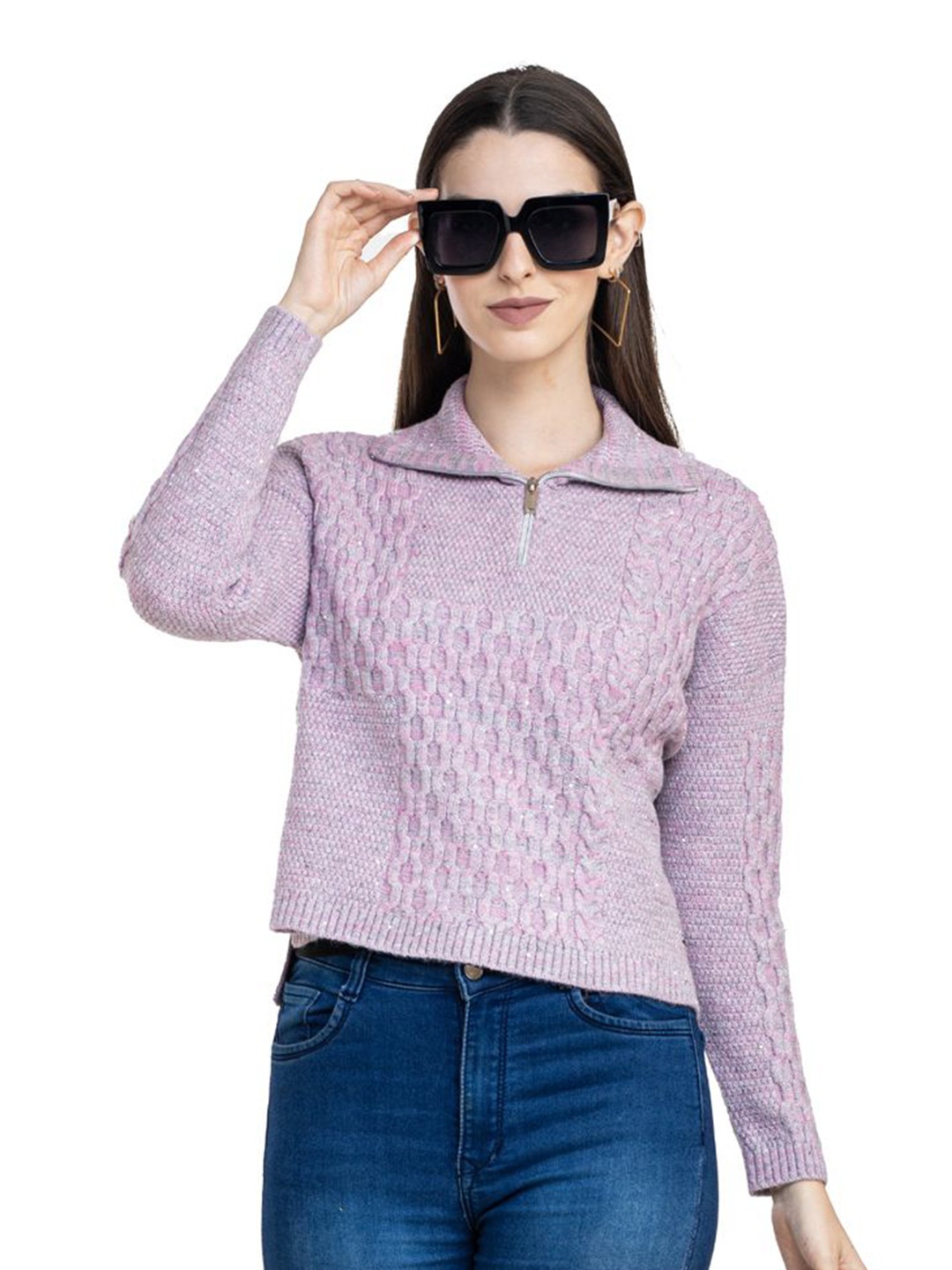 

Moda Elementi Women Self Design Shirt Collar Cable Knit Woollen Pullover, Purple
