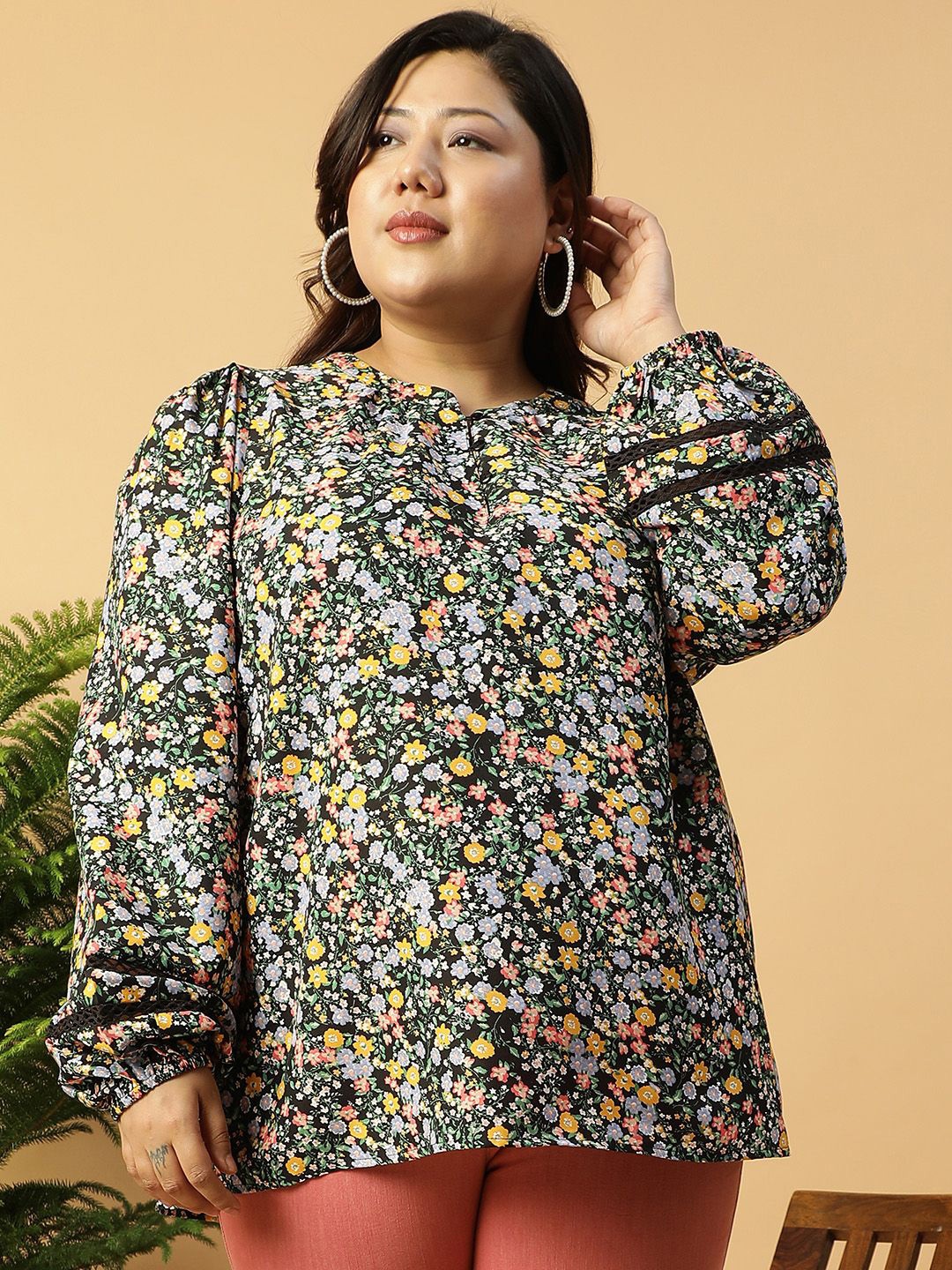 

Oxolloxo Floral Print Extended Sleeves Shirt Style Top, Multi